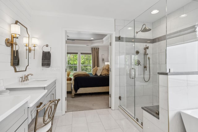 1018 Buddleia Ln, Franklin, TN 37067 - full bathroom with crown molding, a stall shower, ensuite bathroom, vanity, and recessed lighting