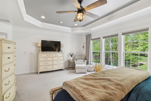 1018 Buddleia Ln, Franklin, TN 37067 - bedroom with a tray ceiling, light colored carpet, ornamental molding, recessed lighting, and a ceiling fan