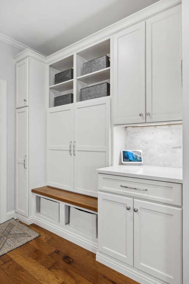 1018 Buddleia Ln, Franklin, TN 37067 - mudroom featuring wood finished floors, crown molding, and baseboards