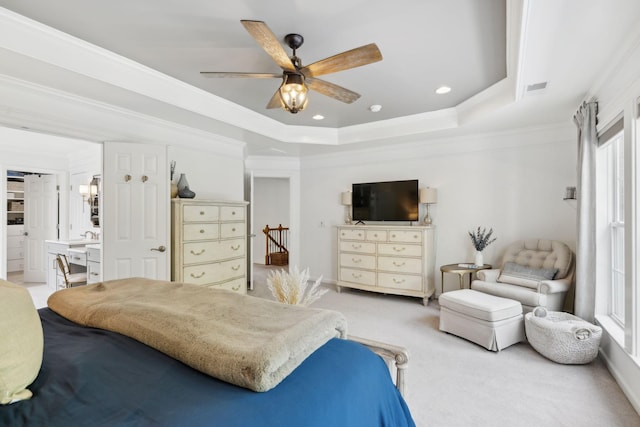 1018 Buddleia Ln, Franklin, TN 37067 - bedroom with a tray ceiling, carpet, crown molding, recessed lighting, and a ceiling fan