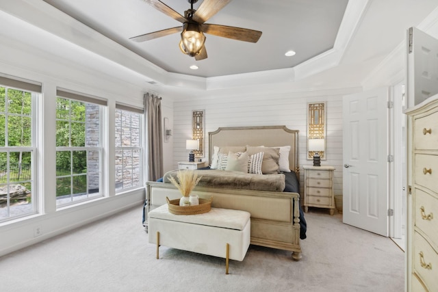 1018 Buddleia Ln, Franklin, TN 37067 - bedroom with a tray ceiling, light carpet, ornamental molding, ceiling fan, and recessed lighting