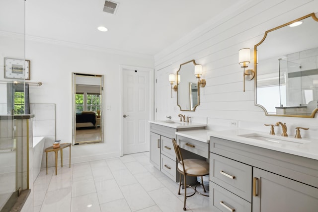 1018 Buddleia Ln, Franklin, TN 37067 - full bathroom with ornamental molding, ensuite bathroom, a shower stall, double vanity, and baseboards