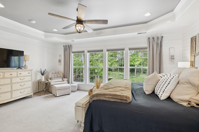 1018 Buddleia Ln, Franklin, TN 37067 - bedroom with a raised ceiling, ornamental molding, ceiling fan, recessed lighting, and light colored carpet