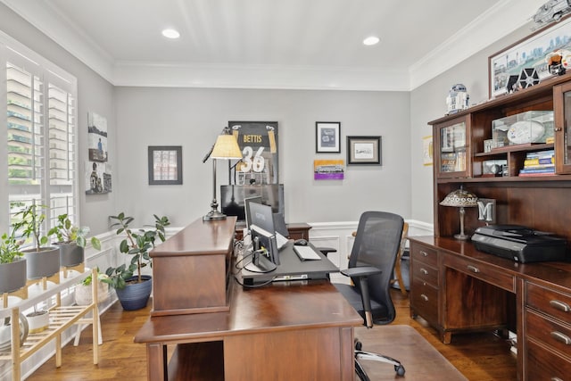 1018 Buddleia Ln, Franklin, TN 37067 - office with wood finished floors, ornamental molding, a wainscoted wall, a decorative wall, and recessed lighting