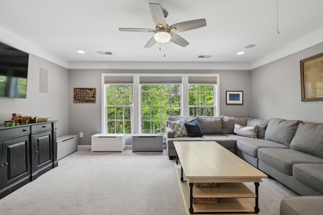 1018 Buddleia Ln, Franklin, TN 37067 - living room featuring a ceiling fan, light carpet, and recessed lighting