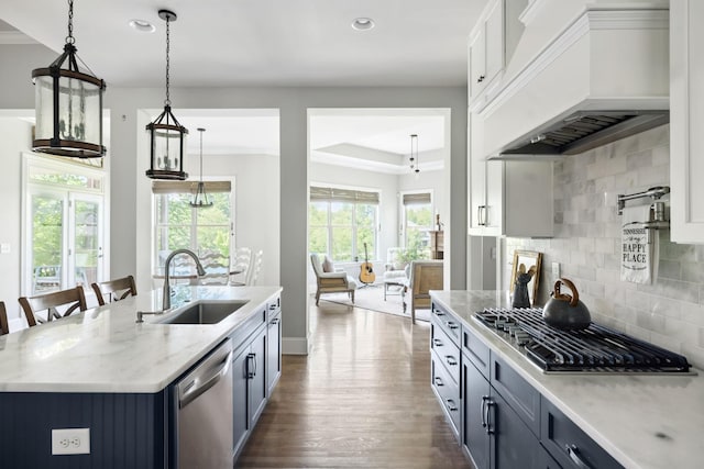 4136 Banner Square Ln, Arrington, TN 37014 - kitchen with stainless steel appliances, a sink, custom exhaust hood, dark wood-style flooring, and backsplash