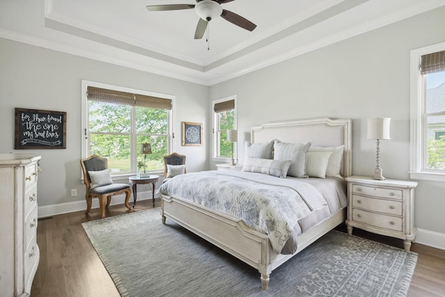 4136 Banner Square Ln, Arrington, TN 37014 - bedroom with a raised ceiling, dark wood-type flooring, ornamental molding, ceiling fan, and baseboards