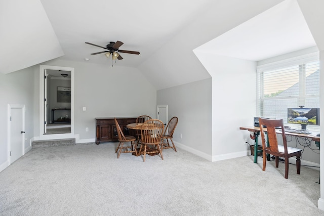 4136 Banner Square Ln, Arrington, TN 37014 - dining area with carpet, a ceiling fan, lofted ceiling, and baseboards