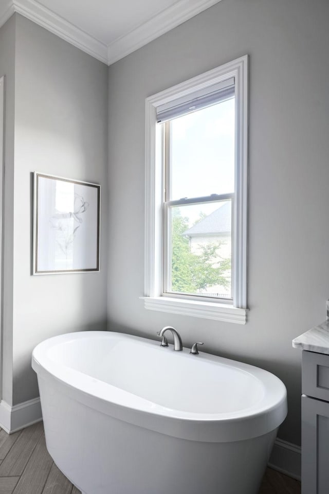 4136 Banner Square Ln, Arrington, TN 37014 - bathroom with crown molding, a freestanding tub, plenty of natural light, and vanity