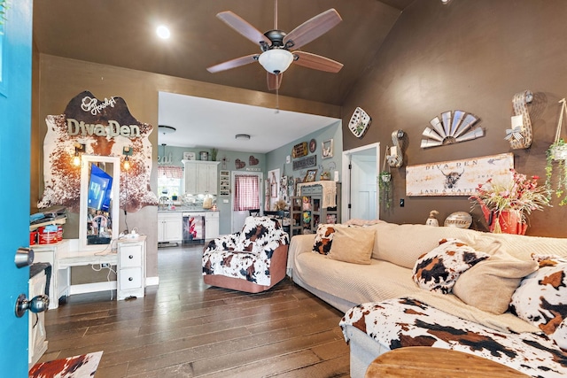 2328 C C C Rd, Dickson, TN 37055 - living room with wood-type flooring, ceiling fan, beverage cooler, and lofted ceiling