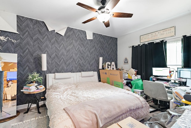 2328 C C C Rd, Dickson, TN 37055 - bedroom featuring wallpapered walls, wood finished floors, an accent wall, and a ceiling fan