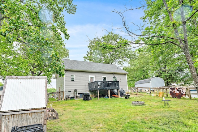 2328 C C C Rd, Dickson, TN 37055 - back of property with a deck, a fire pit, central AC unit, and a shingled roof
