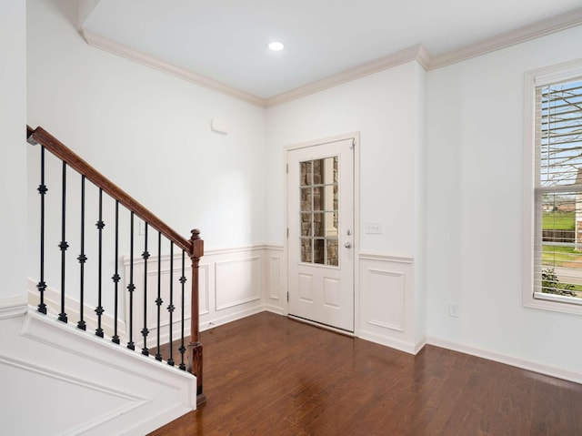 3029 Alan Dr, Spring Hill, TN 37174 - entrance foyer featuring plenty of natural light, dark wood-style flooring, crown molding, a wainscoted wall, and stairs