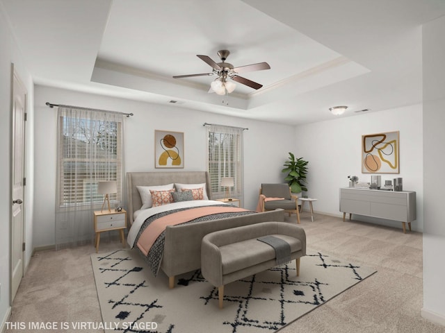 3029 Alan Dr, Spring Hill, TN 37174 - bedroom with a tray ceiling, carpet, ornamental molding, and a ceiling fan