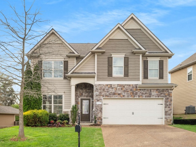 3029 Alan Dr, Spring Hill, TN 37174 - craftsman-style home with stone siding, concrete driveway, cooling unit, and a garage