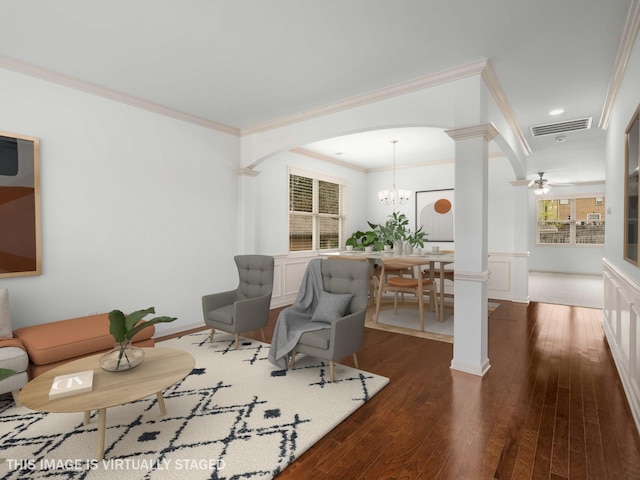 3029 Alan Dr, Spring Hill, TN 37174 - living room with ornamental molding, arched walkways, ornate columns, dark wood-style flooring, and recessed lighting