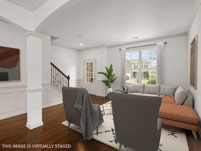 3029 Alan Dr, Spring Hill, TN 37174 - living area featuring decorative columns, crown molding, stairs, dark wood-style flooring, and recessed lighting