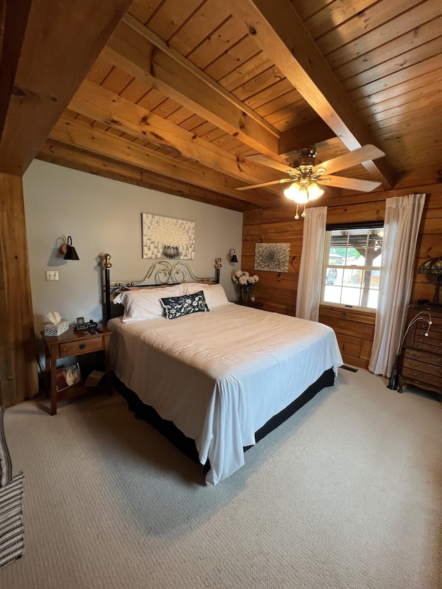 225 Bill Hunter Rd, Celina, TN 38551 - bedroom featuring wood ceiling with exposed beams, carpet, wooden walls, and a ceiling fan