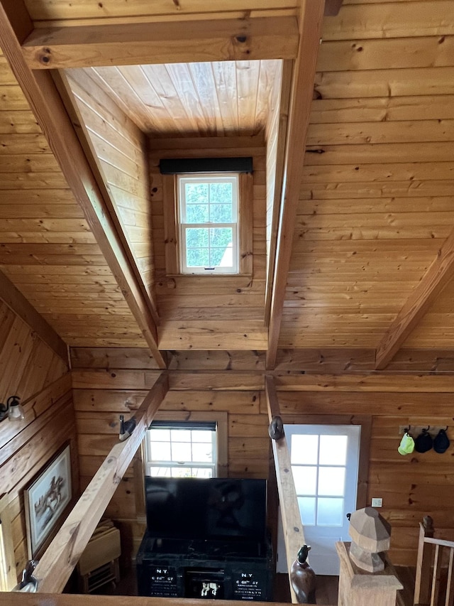 225 Bill Hunter Rd, Celina, TN 38551 - detailed view of wood ceiling with exposed beams and wood walls