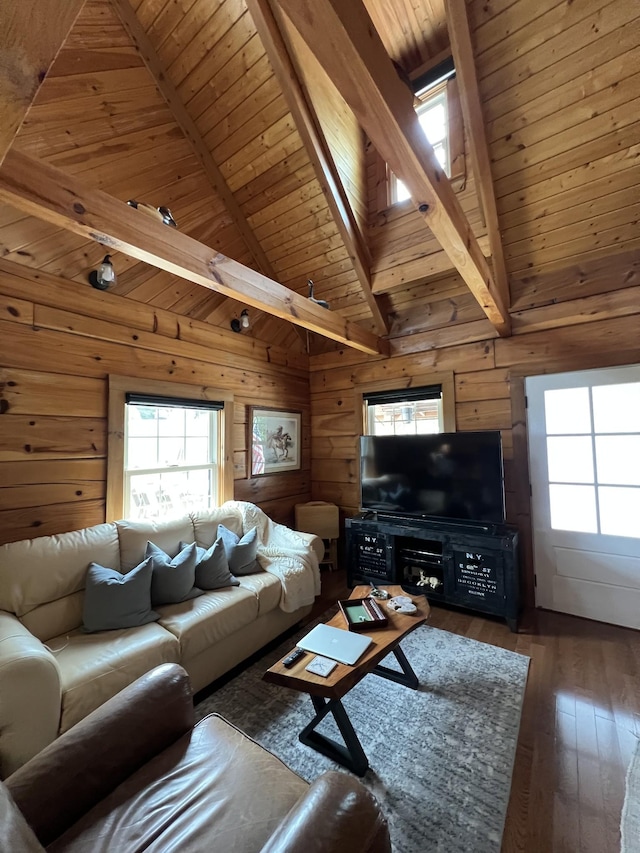 225 Bill Hunter Rd, Celina, TN 38551 - living room featuring healthy amount of natural light, wood walls, hardwood / wood-style flooring, wooden ceiling with exposed beams, and high vaulted ceiling