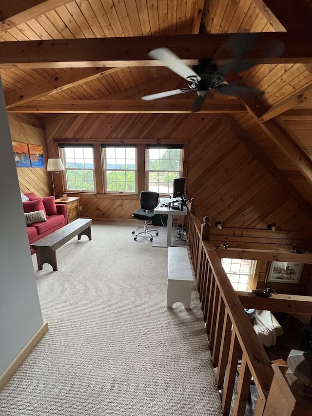225 Bill Hunter Rd, Celina, TN 38551 - carpeted home office featuring wood walls, healthy amount of natural light, wood ceiling, and ceiling fan