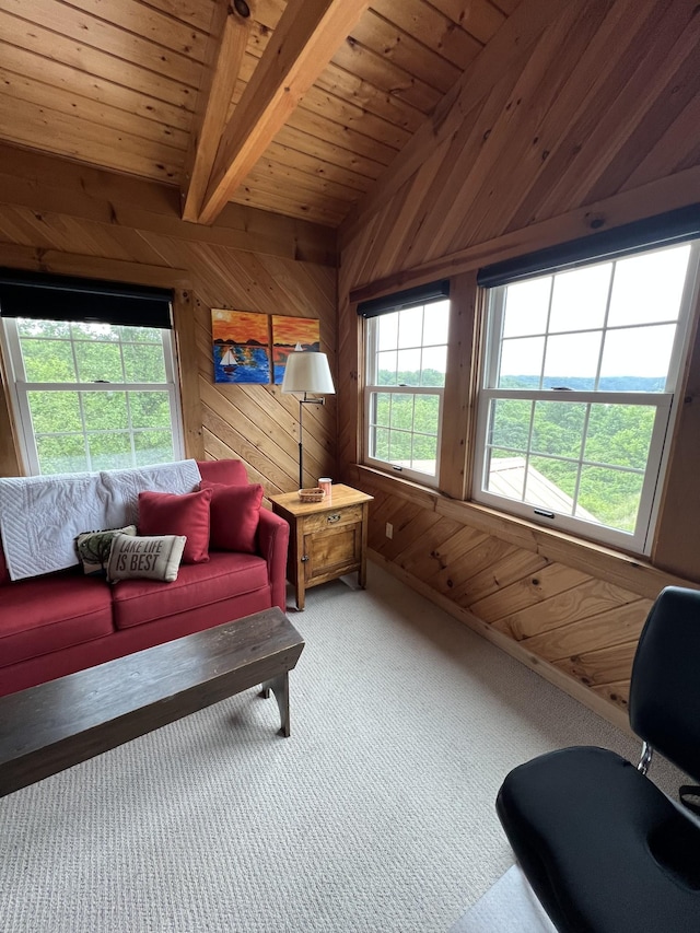 225 Bill Hunter Rd, Celina, TN 38551 - living room featuring carpet, plenty of natural light, wooden walls, and wood ceiling