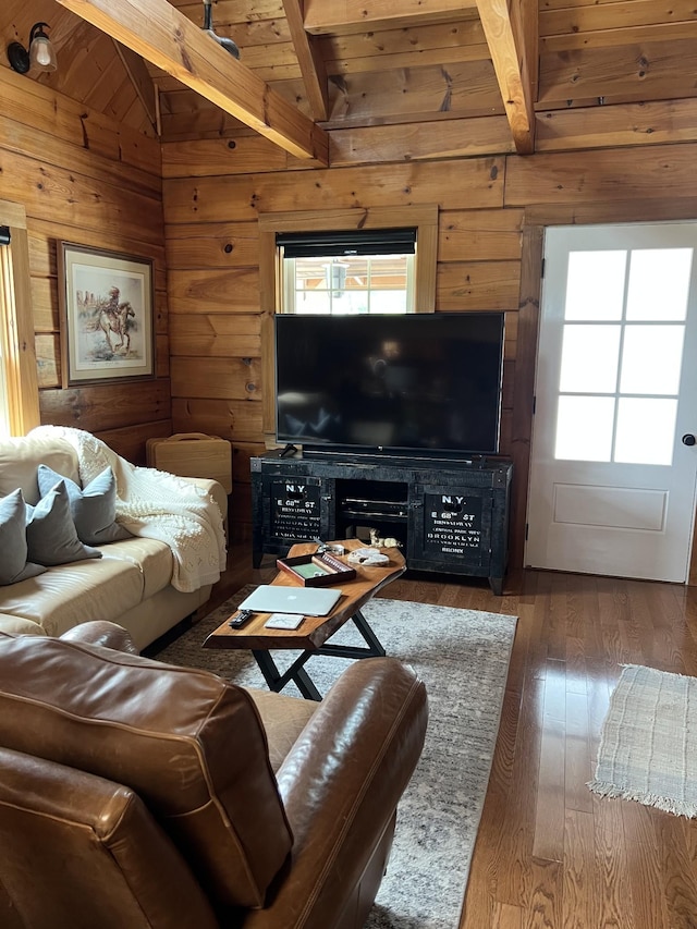 225 Bill Hunter Rd, Celina, TN 38551 - living room featuring wood walls, hardwood / wood-style flooring, and wooden ceiling
