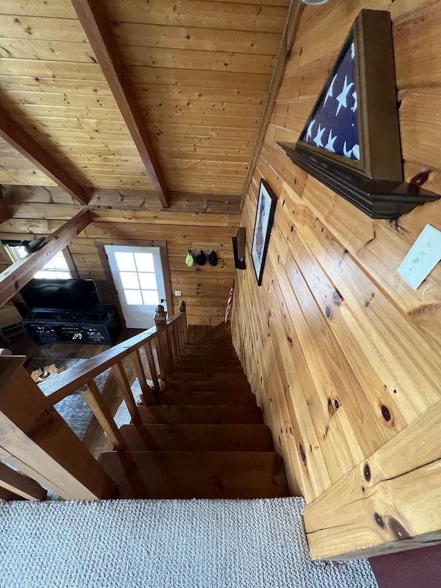 225 Bill Hunter Rd, Celina, TN 38551 - staircase featuring wooden walls and wood ceiling with exposed beams
