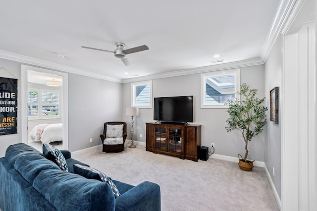 2043 Nathaniel Rd, Franklin, TN 37064 - living area with carpet, crown molding, a ceiling fan, and baseboards