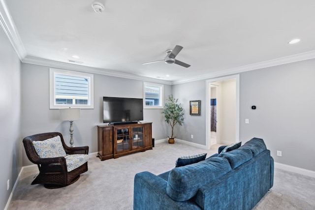 2043 Nathaniel Rd, Franklin, TN 37064 - living area with light carpet, ornamental molding, a ceiling fan, baseboards, and recessed lighting