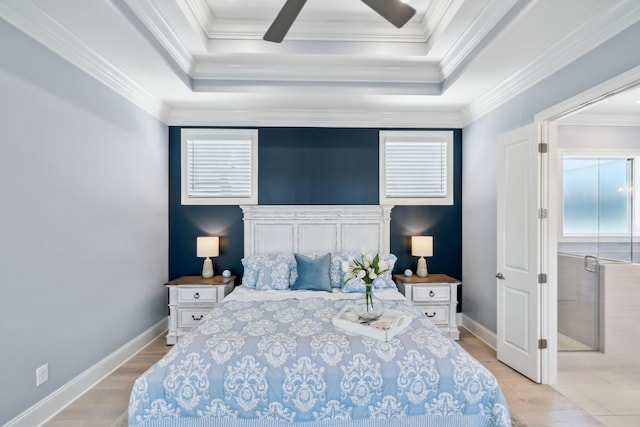 2043 Nathaniel Rd, Franklin, TN 37064 - bedroom with multiple windows, a raised ceiling, light wood-style floors, ornamental molding, and ceiling fan