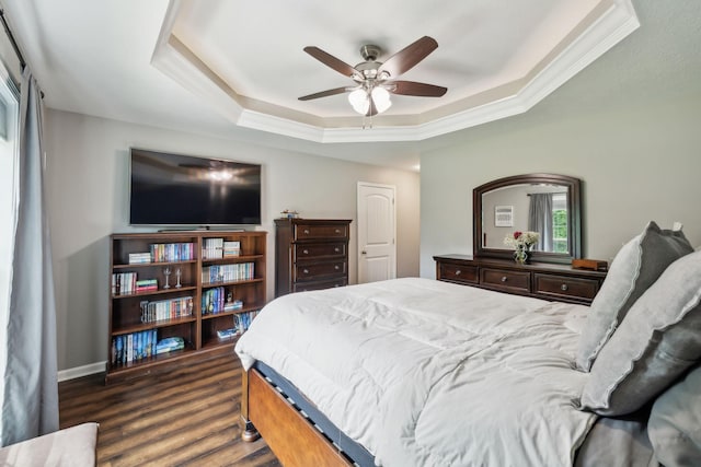 200 Lindsey Hollow Rd, Gallatin, TN 37066 - bedroom with a raised ceiling, dark wood-style flooring, baseboards, crown molding, and ceiling fan