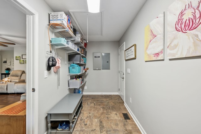 200 Lindsey Hollow Rd, Gallatin, TN 37066 - mudroom with attic access, stone finish floors, electric panel, ceiling fan, and baseboards