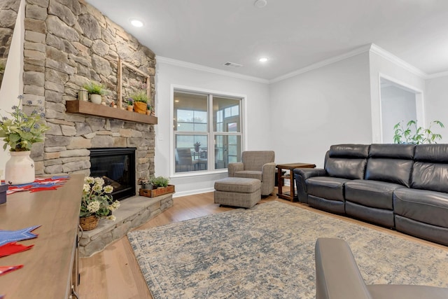 1815 Humphreys Gln, Spring Hill, TN 37174 - living room with wood finished floors, a fireplace, crown molding, and recessed lighting