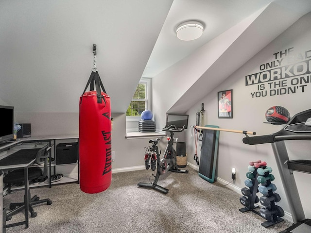 7119 Littlejohn Ln, Fairview, TN 37062 - workout area featuring carpet flooring, lofted ceiling, and baseboards