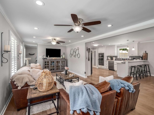 7119 Littlejohn Ln, Fairview, TN 37062 - living area with baseboards, crown molding, a ceiling fan, recessed lighting, and light wood finished floors