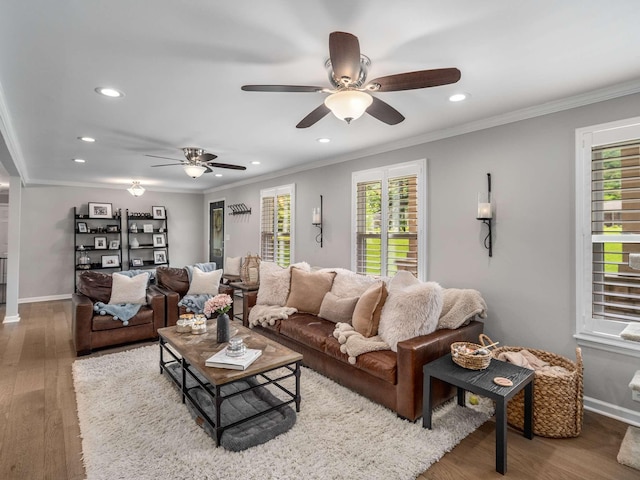 7119 Littlejohn Ln, Fairview, TN 37062 - living area with recessed lighting, crown molding, wood finished floors, a ceiling fan, and baseboards
