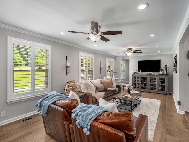 7119 Littlejohn Ln, Fairview, TN 37062 - living area with recessed lighting, baseboards, a ceiling fan, ornamental molding, and light wood-type flooring