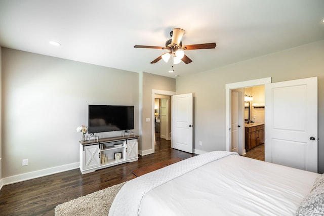 725B N Russell St, Portland, TN 37148 - bedroom with dark wood-type flooring, baseboards, connected bathroom, ceiling fan, and recessed lighting