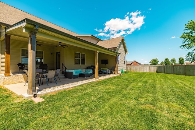 725B N Russell St, Portland, TN 37148 - rear view of property with an outdoor hangout area, ceiling fan, a patio area, and a shingled roof
