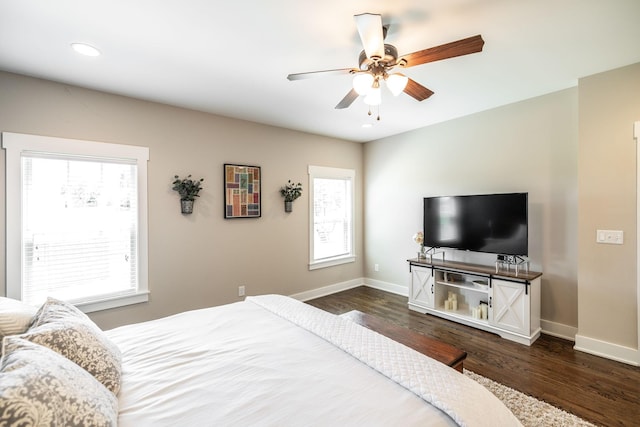 725B N Russell St, Portland, TN 37148 - bedroom with dark wood finished floors, baseboards, recessed lighting, and a ceiling fan