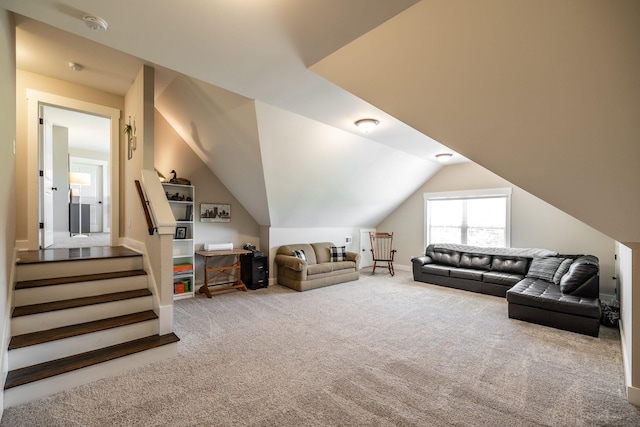 725B N Russell St, Portland, TN 37148 - living room featuring carpet flooring, lofted ceiling, and stairway