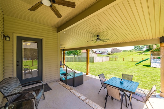 725B N Russell St, Portland, TN 37148 - view of patio with a ceiling fan, outdoor dining space, and a playground