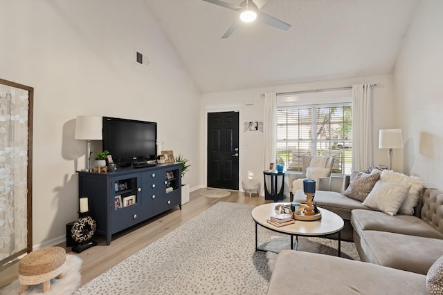 2020 Caladonia Way, Smyrna, TN 37167 - living room featuring a ceiling fan, high vaulted ceiling, light wood-style floors, and baseboards