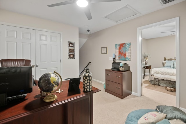 2020 Caladonia Way, Smyrna, TN 37167 - office area featuring attic access, light carpet, and a ceiling fan