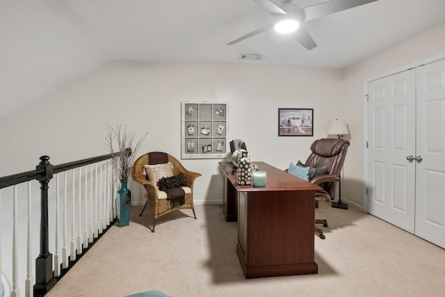 2020 Caladonia Way, Smyrna, TN 37167 - office area with ceiling fan, light colored carpet, baseboards, and lofted ceiling