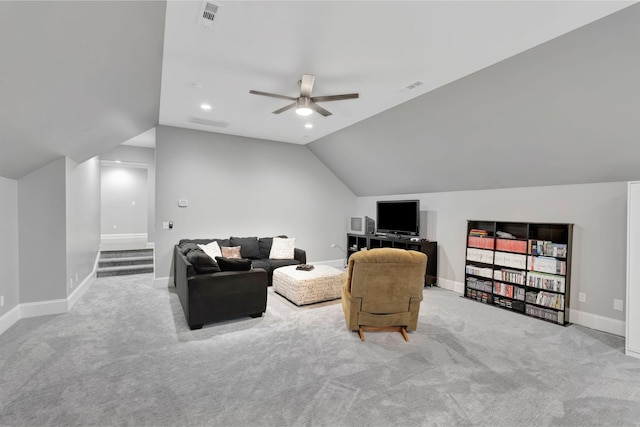 3168 Appian Way, Spring Hill, TN 37174 - living area with a ceiling fan, lofted ceiling, light colored carpet, and baseboards