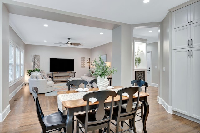 3168 Appian Way, Spring Hill, TN 37174 - dining area with light wood-type flooring, baseboards, recessed lighting, ceiling fan, and crown molding
