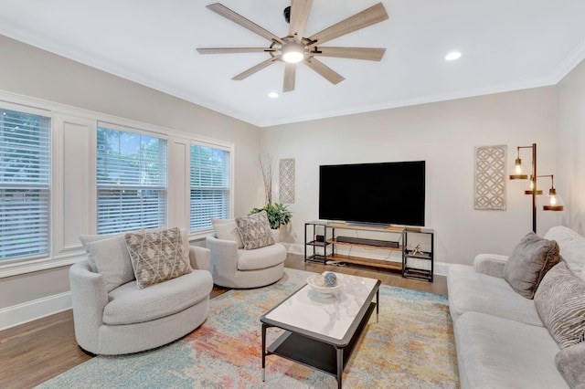 3168 Appian Way, Spring Hill, TN 37174 - living area with ceiling fan, wood finished floors, baseboards, crown molding, and recessed lighting