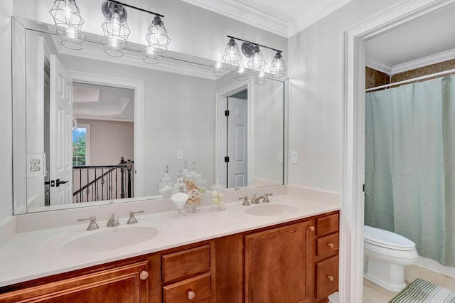 3168 Appian Way, Spring Hill, TN 37174 - bathroom featuring double vanity, toilet, crown molding, and curtained shower